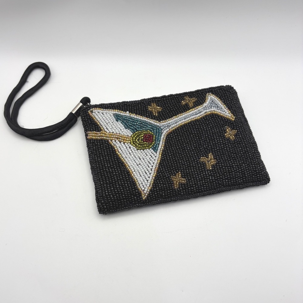 Martini Glass Beaded Wristlet Clutch Black Gold Star Boho Art Deco Vibe